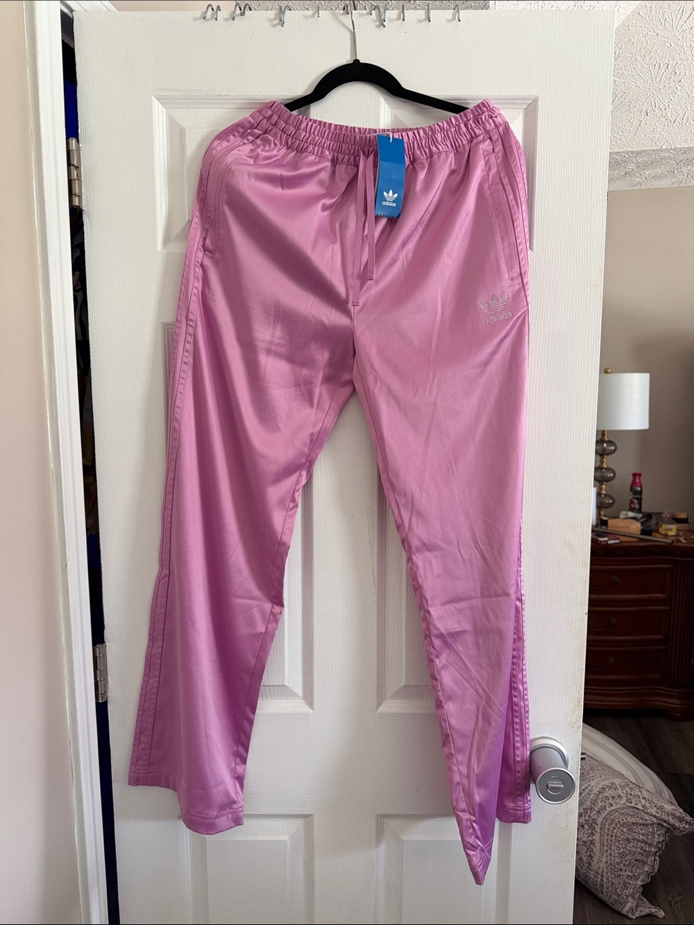 NWT Adidas Originals Pink Satin Track Pants Rhinestone Logo Size Small